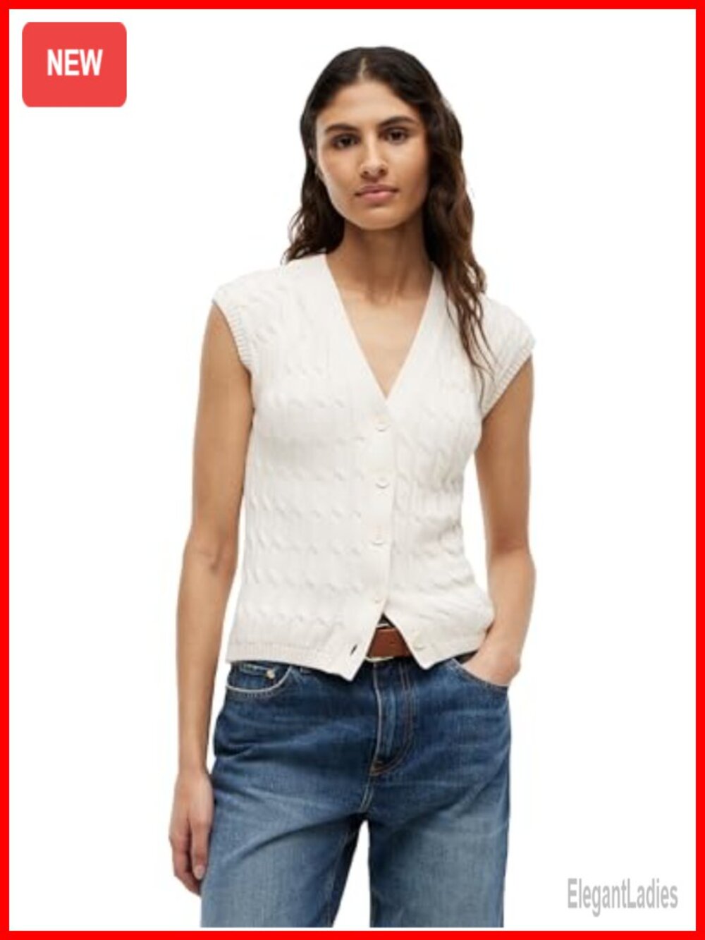 Cotton Cable Knit V-Neck Cardigan Sweater Sleeveless Button Down
